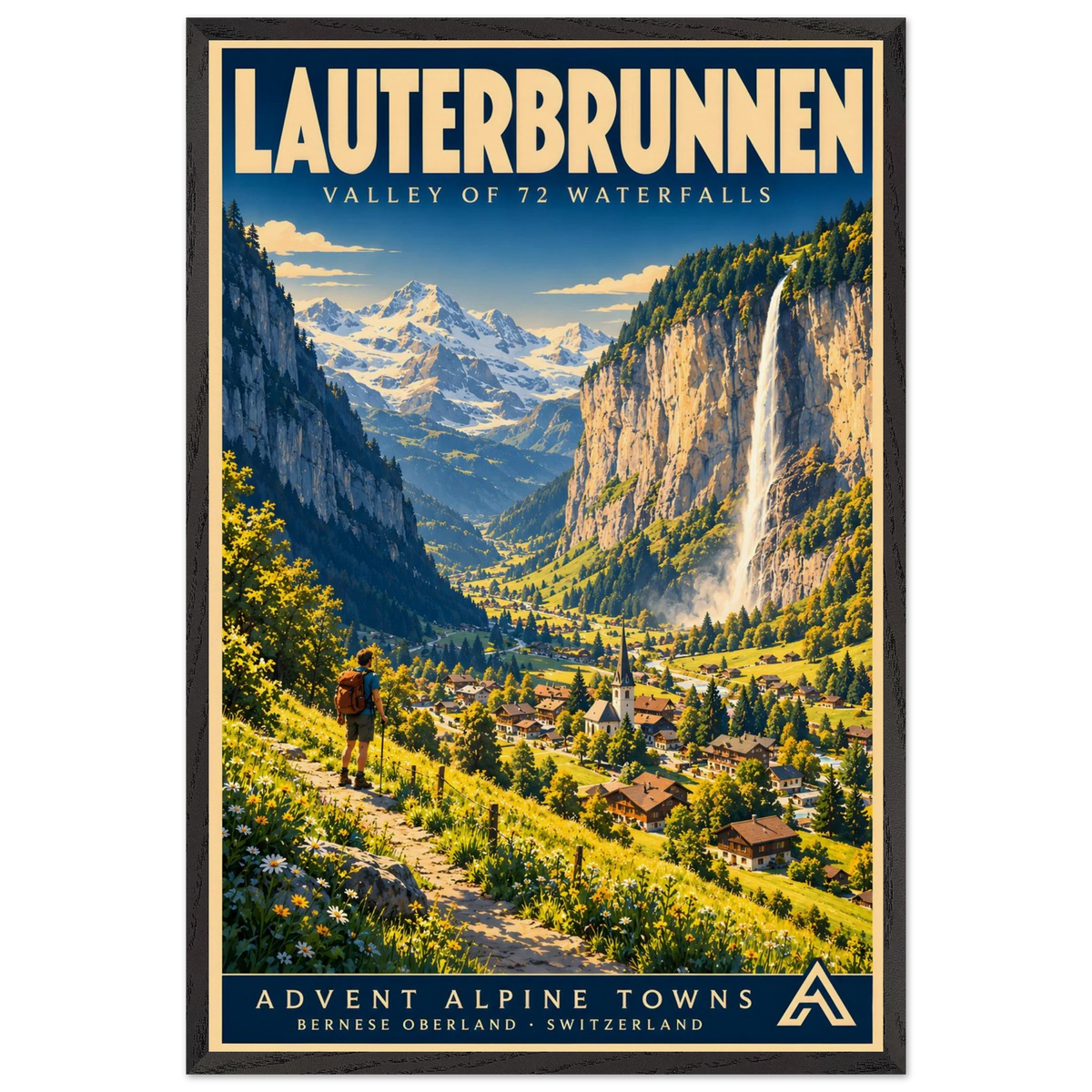 Lauterbrunnen art print in a Black Ash frame, showing a hiker above a green Alpine valley, village and cliffside waterfall.