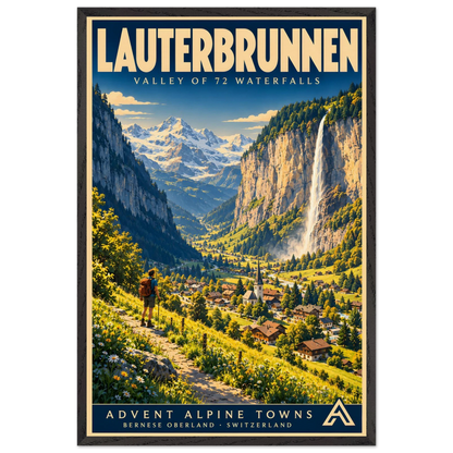 Lauterbrunnen art print in a Black Ash frame, showing a hiker above a green Alpine valley, village and cliffside waterfall.
