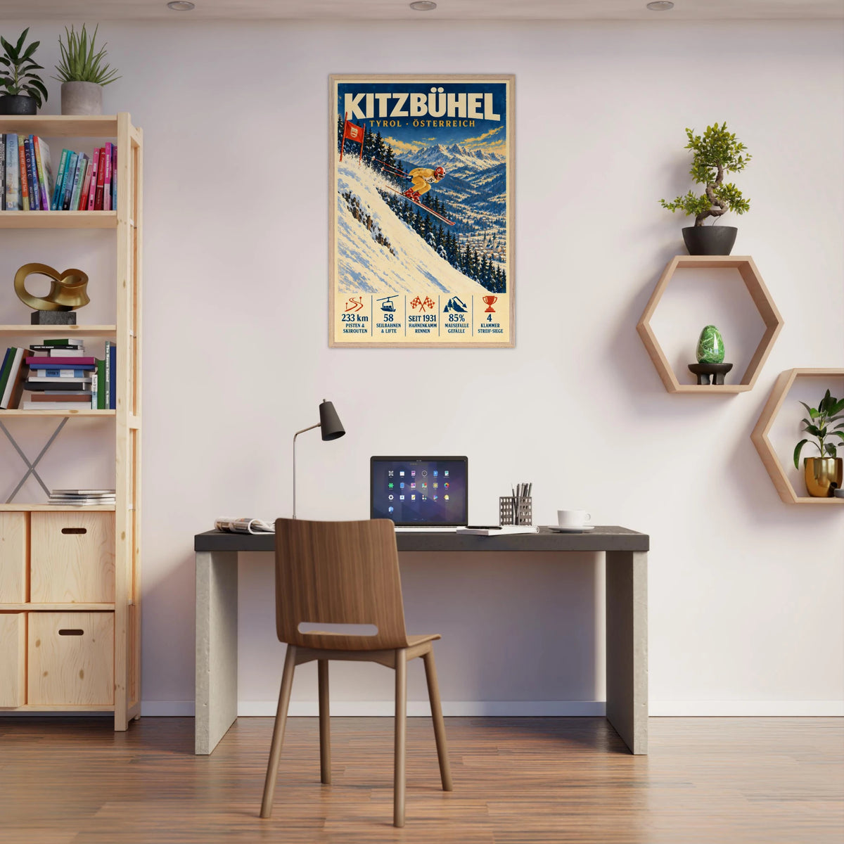 Kitzbühel framed art print displayed above a desk in a home office.