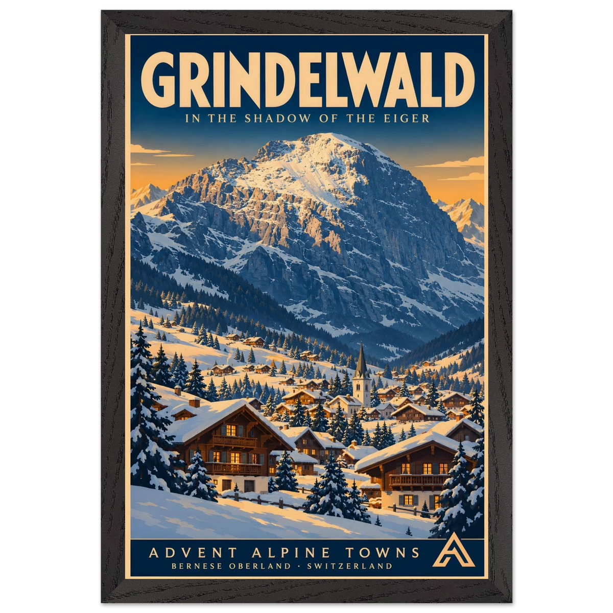 Grindelwald art print in a Black Ash frame, showing snow-covered chalets and a church beneath a dramatic Alpine mountain in warm winter light.