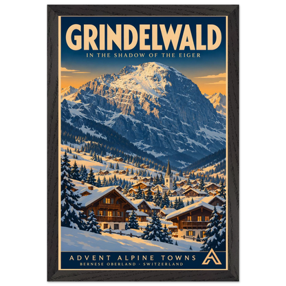 Grindelwald art print in a Black Ash frame, showing snow-covered chalets and a church beneath a dramatic Alpine mountain in warm winter light.