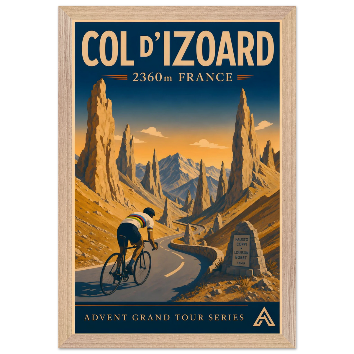 Col d’Izoard art print in a Natural Oak frame, showing a cyclist in a white world champion jersey on the winding road through golden Alpine rock spires.