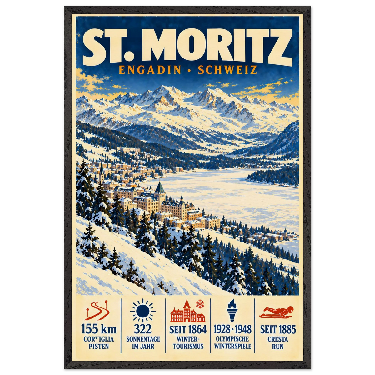St. Moritz art print in a Black Ash frame, showing a snowy Engadin village beside the lake.