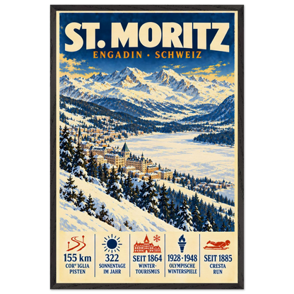 St. Moritz art print in a Black Ash frame, showing a snowy Engadin village beside the lake.