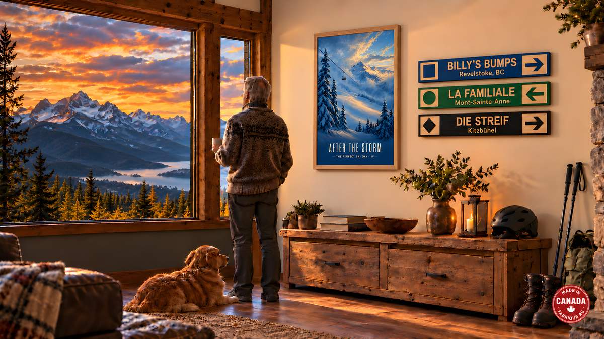 Warm mountain home with personalised Billy’s Bumps, La Familiale and Die Streif wood signs, After the Storm framed art, and a dog beside a mountain-view window.
