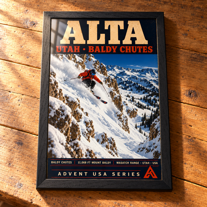 Complete Alta framed art print in Black Ash on a timber tabletop, showing the orange-jacketed skier in a snowy mountain chute, with sunlight and reflections across the glazing.
