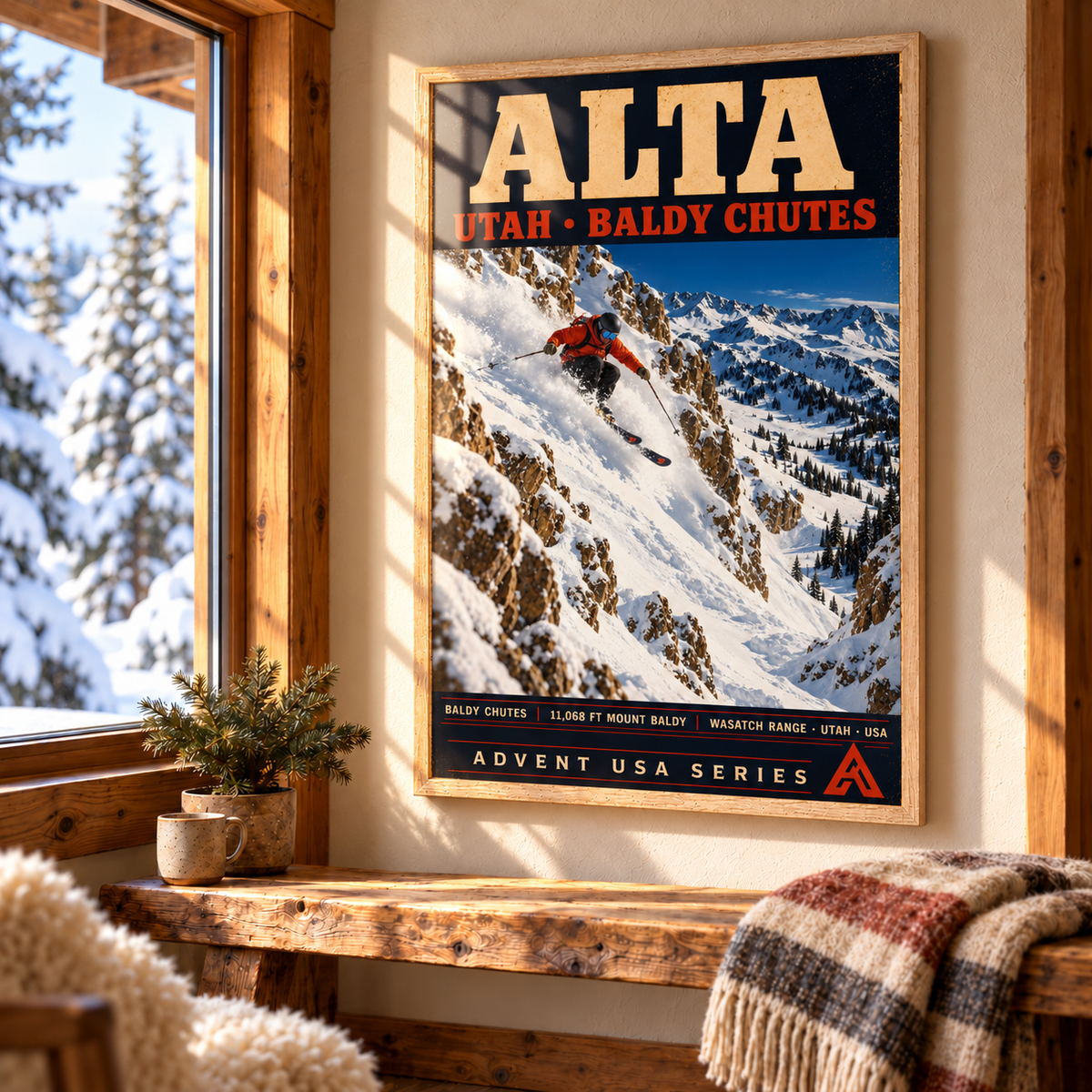 Alta framed art print in Natural Oak displayed above a timber bench beside a snowy cabin window, with sunlight and window reflections across the glazing.