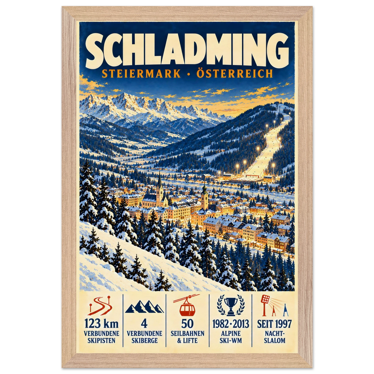 Schladming art print in a Natural Oak frame, showing a snow-covered town and ski slopes below mountain peaks.