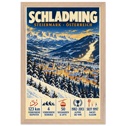 Schladming art print in a Natural Oak frame, showing a snow-covered town and ski slopes below mountain peaks.