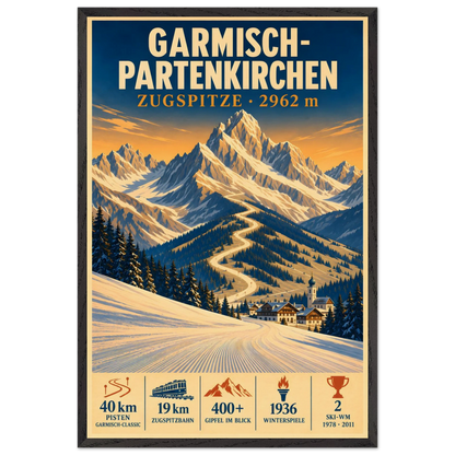 Garmisch art print in a Black Ash frame, showing snowy slopes and a village beneath the Zugspitze.