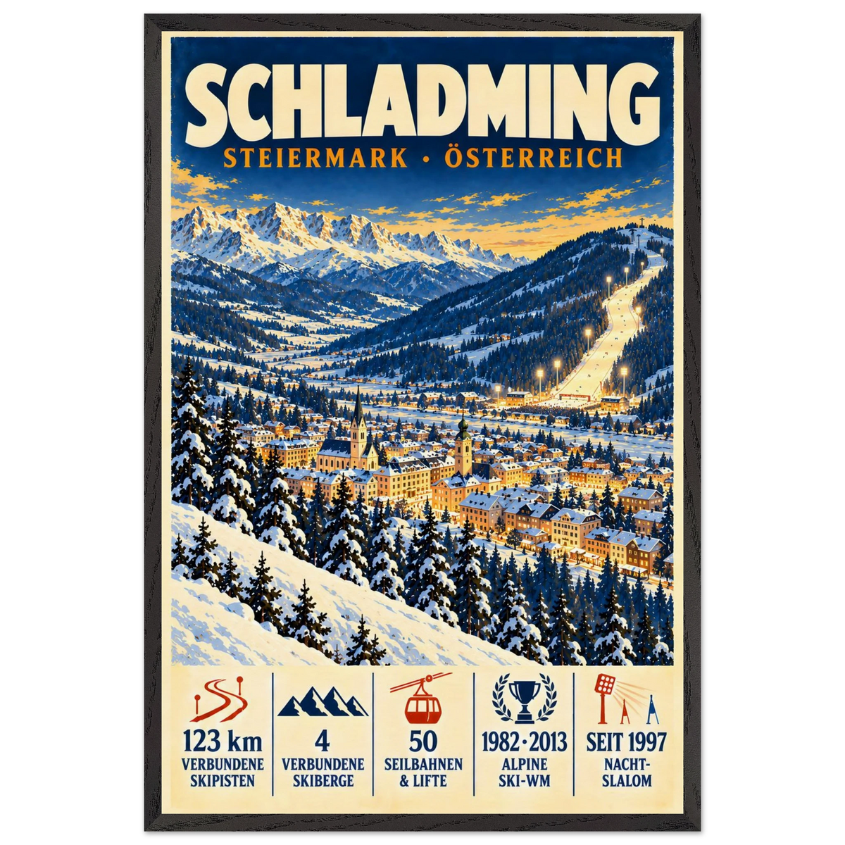 Schladming art print in a Black Ash frame, showing a snow-covered town and ski slopes below mountain peaks.