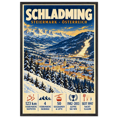 Schladming art print in a Black Ash frame, showing a snow-covered town and ski slopes below mountain peaks.