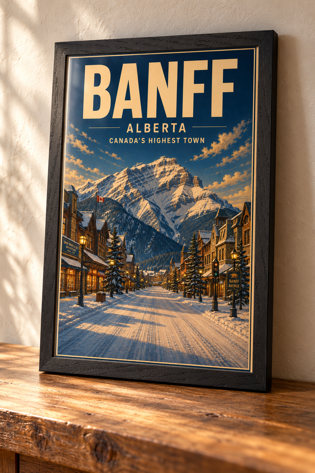 Complete Banff framed art print in Black Ash resting on a timber console, with all four frame edges visible in natural side light.