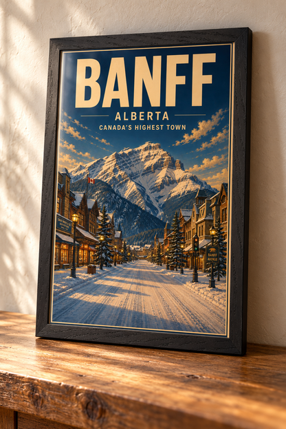 Complete Banff framed art print in Black Ash resting on a timber console, with all four frame edges visible in natural side light.