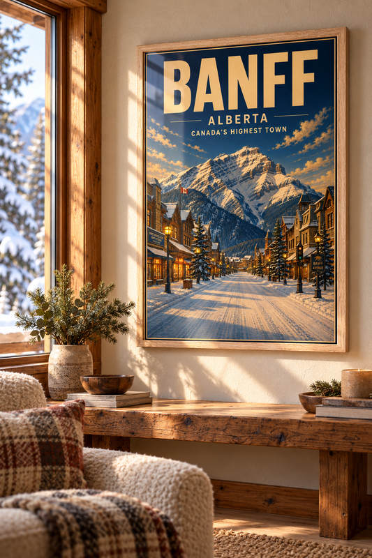 Banff framed art print in Natural Oak above a timber console in a warm mountain home, beside a snowy window and wool-covered armchair.