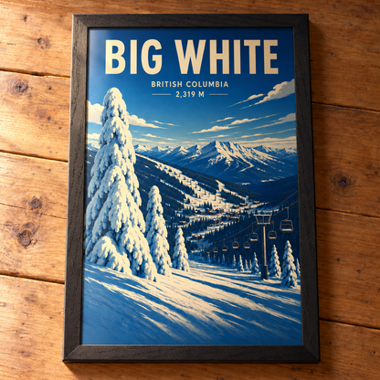 Complete Big White framed art print in Black Ash on a timber tabletop, showing all four frame edges in natural window light.