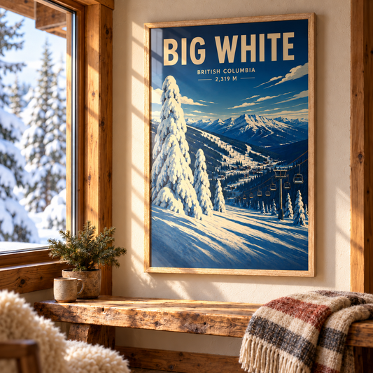 Big White framed art print in Natural Oak displayed above a timber bench beside a snowy cabin window, with warm sunlight across the artwork.