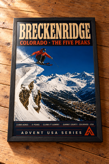Breckenridge — The Five Peaks art print in a Black Ash frame displayed in full on a tabletop, showing a skier airborne above snowy Colorado peaks.