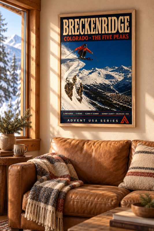 Breckenridge — The Five Peaks art print in a Natural Oak frame above a leather sofa in a mountain home, showing a skier airborne over snowy peaks.