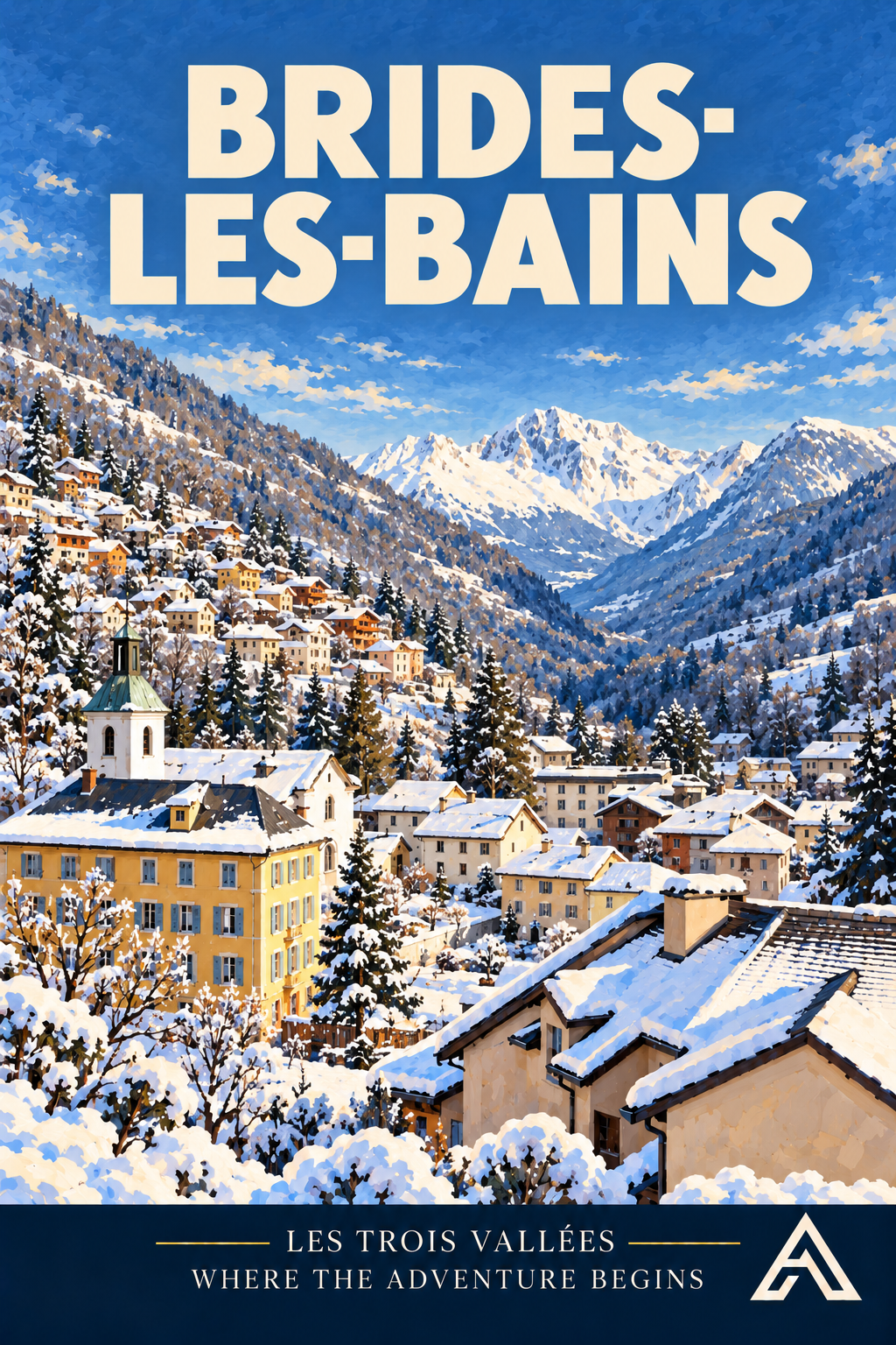 Brides-les-Bains vintage art print showing a snow-covered valley town with colourful buildings, a church tower and Alpine peaks.