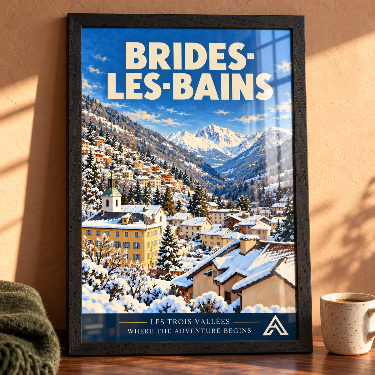Brides-les-Bains art print in a black ash frame on a sunlit walnut tabletop, showing colourful buildings, a church tower and snow-covered Alpine peaks.