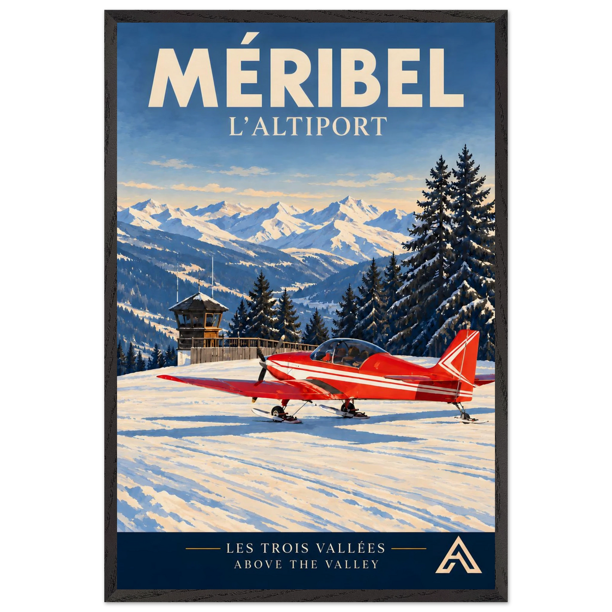 Méribel L’Altiport art print in a Black Ash frame, 60x90 cm, showing a red ski-equipped aeroplane beside the altiport tower, snowy fir trees and Alpine peaks.