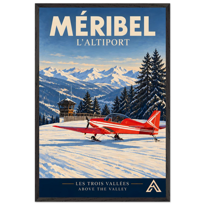 Méribel L’Altiport art print in a Black Ash frame, 60x90 cm, showing a red ski-equipped aeroplane beside the altiport tower, snowy fir trees and Alpine peaks.