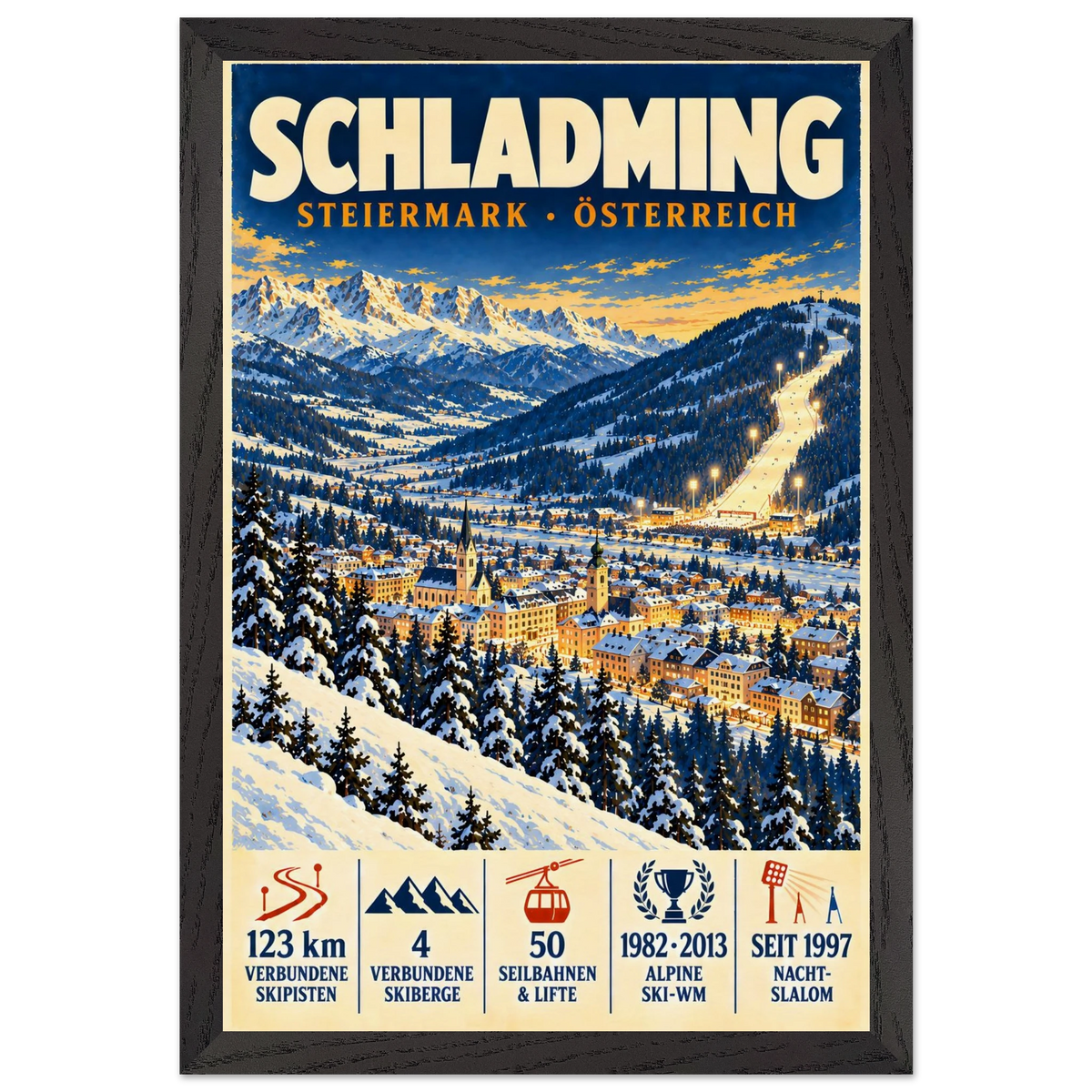Schladming art print in a Black Ash frame, showing a snow-covered town and ski slopes below mountain peaks.
