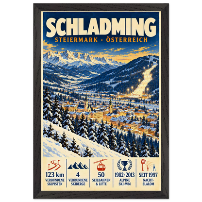 Schladming art print in a Black Ash frame, showing a snow-covered town and ski slopes below mountain peaks.