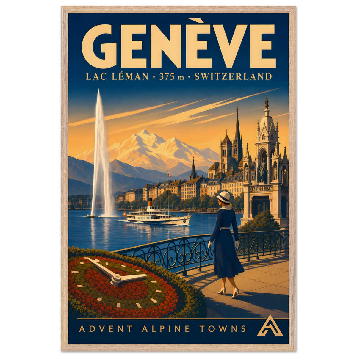 Genève art print in a Natural Oak frame, showing the Jet d’Eau, a lake steamer and a woman on the promenade beside Lac Léman.