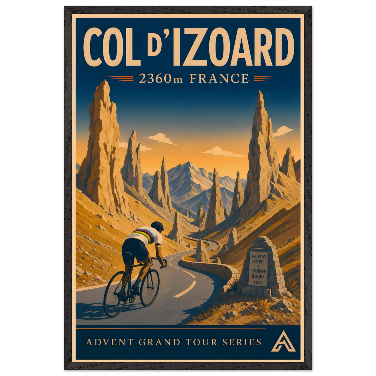 Col d’Izoard art print in a Black Ash frame, showing a cyclist in a white world champion jersey on the winding road through golden Alpine rock spires.