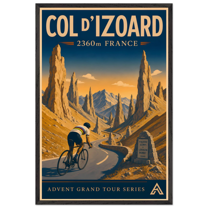 Col d’Izoard art print in a Black Ash frame, showing a cyclist in a white world champion jersey on the winding road through golden Alpine rock spires.