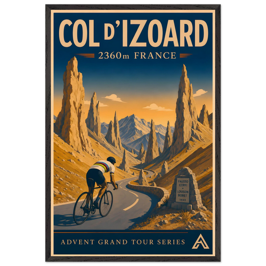 Col d’Izoard art print in a Black Ash frame, showing a cyclist in a white world champion jersey on the winding road through golden Alpine rock spires.