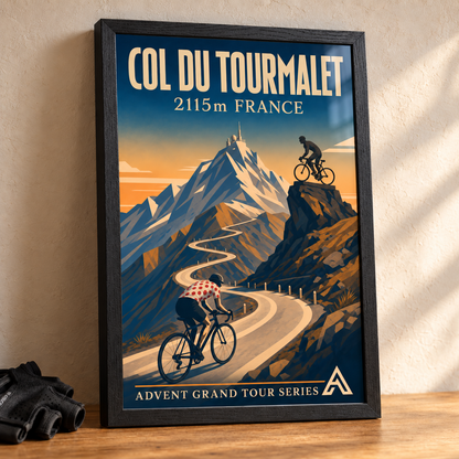 Col du Tourmalet art print in a Black Ash frame displayed in full on an oak tabletop beside cycling gloves, showing a cyclist in a red polka-dot jersey on a winding mountain road.