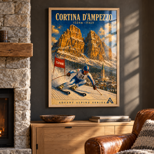 Cortina framed art print in Natural Oak displayed beside a stone fireplace above an oak cabinet, with a leather chair and sunlight reflecting across the glazing.