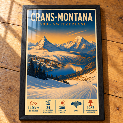 Complete Crans-Montana framed art print in Black Ash on an oak tabletop, showing a snowy slope, lakeside village and Alpine peaks, with window reflections across the glazing.