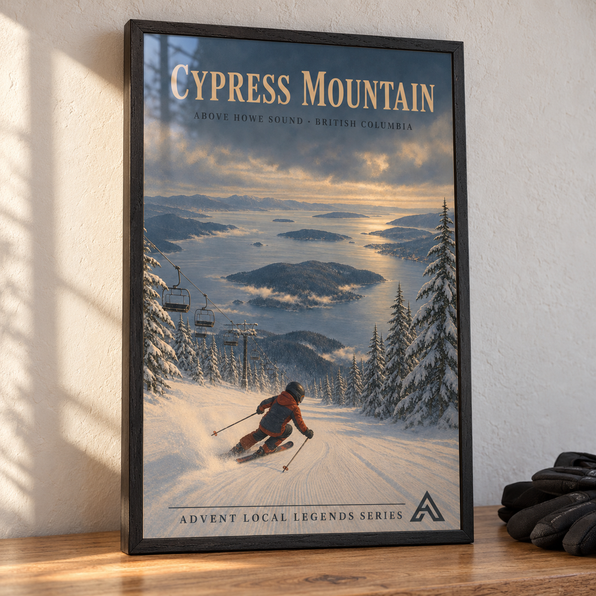 Cypress Mountain art print in a Black Ash frame on a wooden tabletop beside ski gloves, showing a skier and chairlift above coastal inlets and islands.
