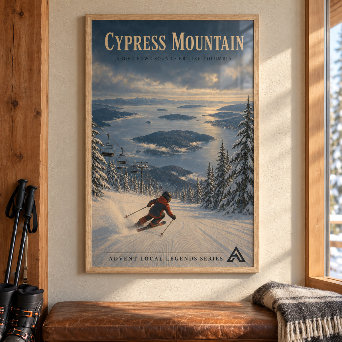 Cypress Mountain art print in a Natural Oak frame above a leather bench beside ski boots and poles, showing a skier above Howe Sound and its islands.