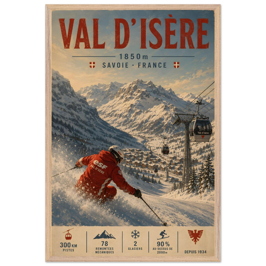 Val d'Isère art print in a Natural Oak frame, showing a red-suited skier with mountains and village behind.
