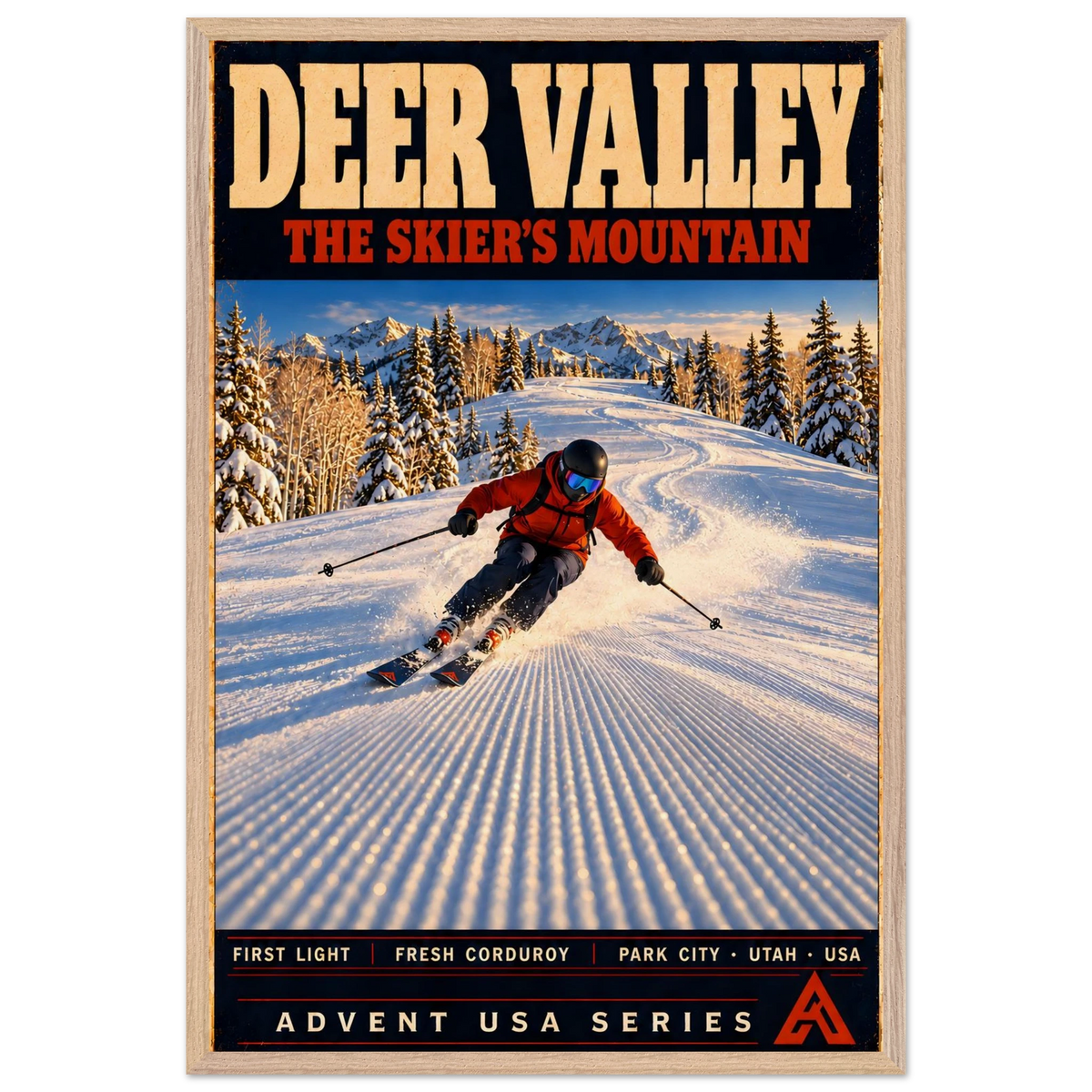 Deer Valley art print in a Natural Oak frame, showing an orange-jacketed skier carving across groomed corduroy beside snow-covered evergreens.