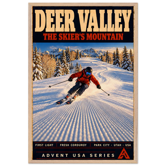 Deer Valley art print in a Natural Oak frame, showing an orange-jacketed skier carving across groomed corduroy beside snow-covered evergreens.