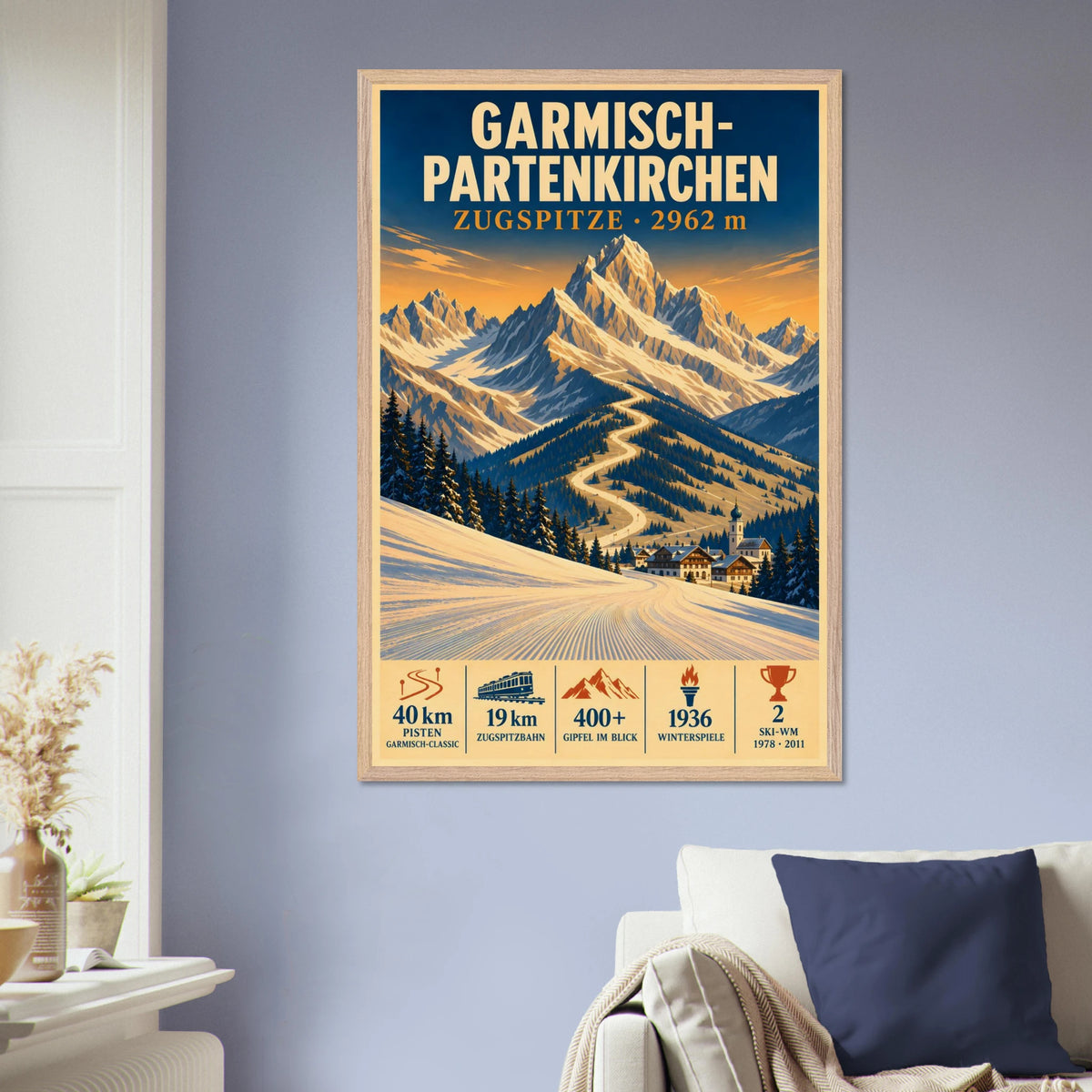 Garmisch framed art print displayed above an armchair.