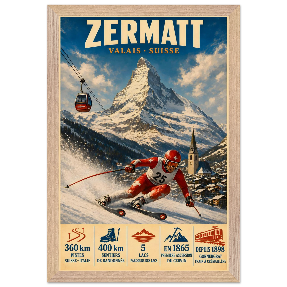 Zermatt art print in a Natural Oak frame, showing a red-suited ski racer beneath the Matterhorn.