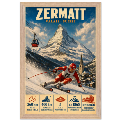 Zermatt art print in a Natural Oak frame, showing a red-suited ski racer beneath the Matterhorn.