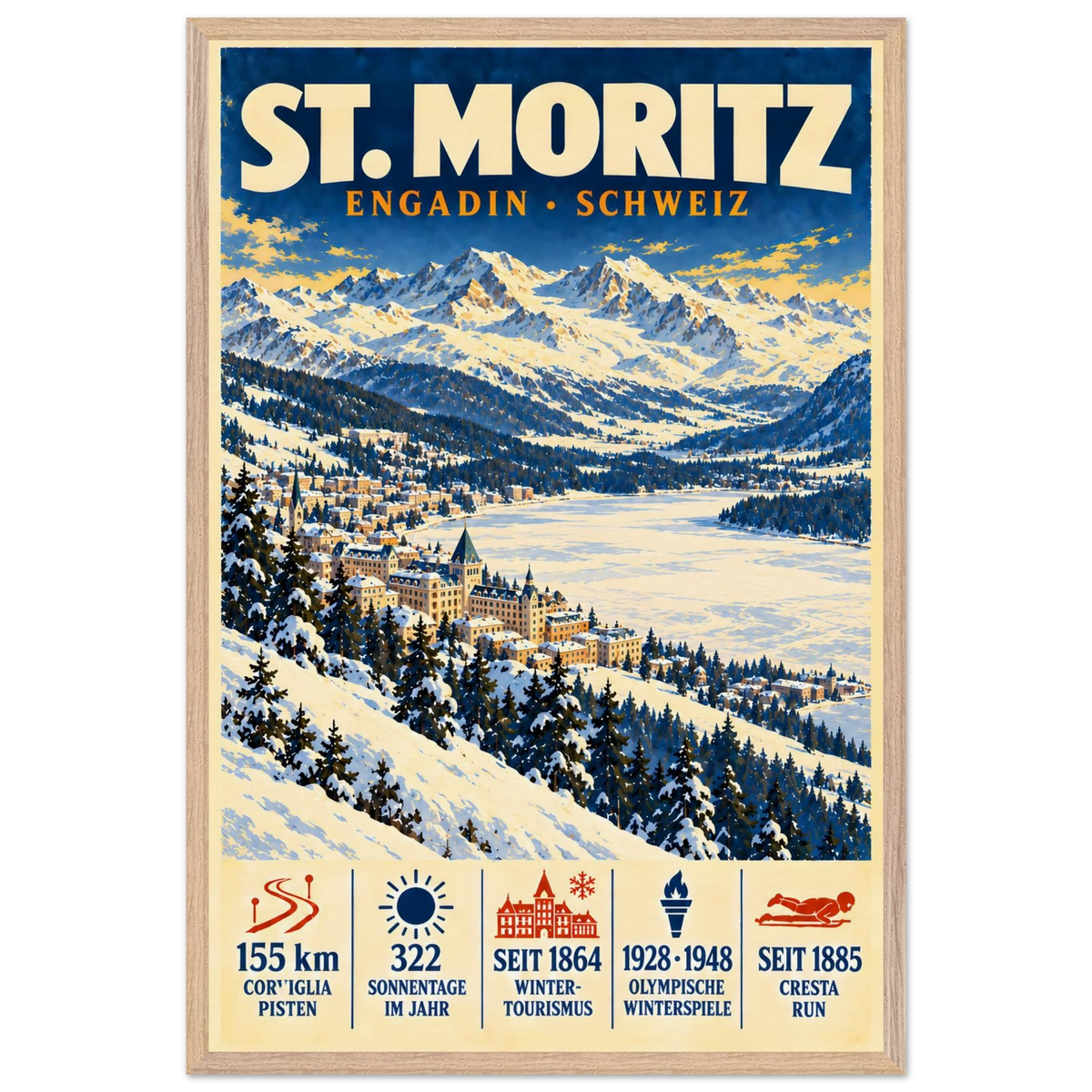 St. Moritz art print in a Natural Oak frame, showing a snowy Engadin village beside the lake.