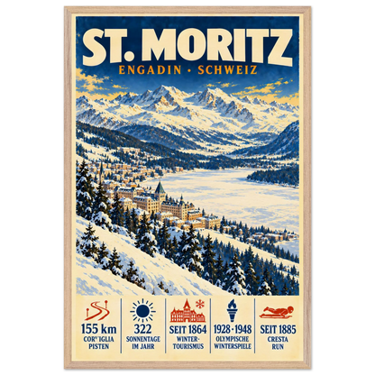 St. Moritz art print in a Natural Oak frame, showing a snowy Engadin village beside the lake.