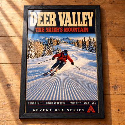 Complete Deer Valley framed art print in Black Ash on a timber tabletop, showing an orange-jacketed skier on groomed corduroy beside snowy trees, with window reflections across the glazing.
