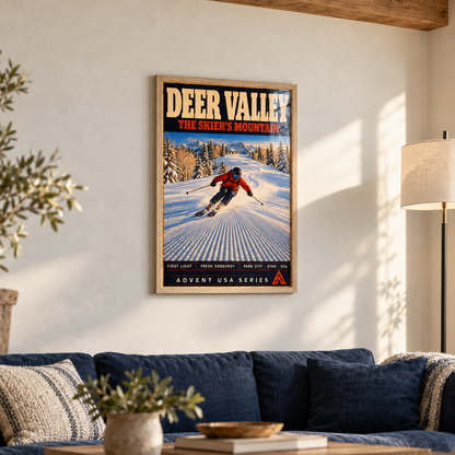 Deer Valley framed art print in Natural Oak displayed above a navy sofa in a mountain-home living room, with afternoon sunlight reflecting across the glazing.