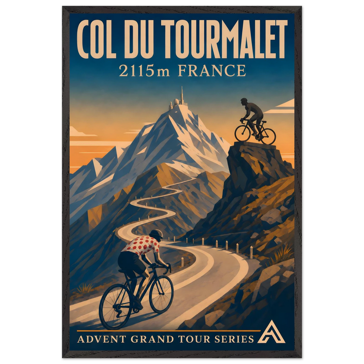 Col du Tourmalet art print in a Black Ash frame, showing a cyclist in a white jersey with red polka dots on a winding mountain road.