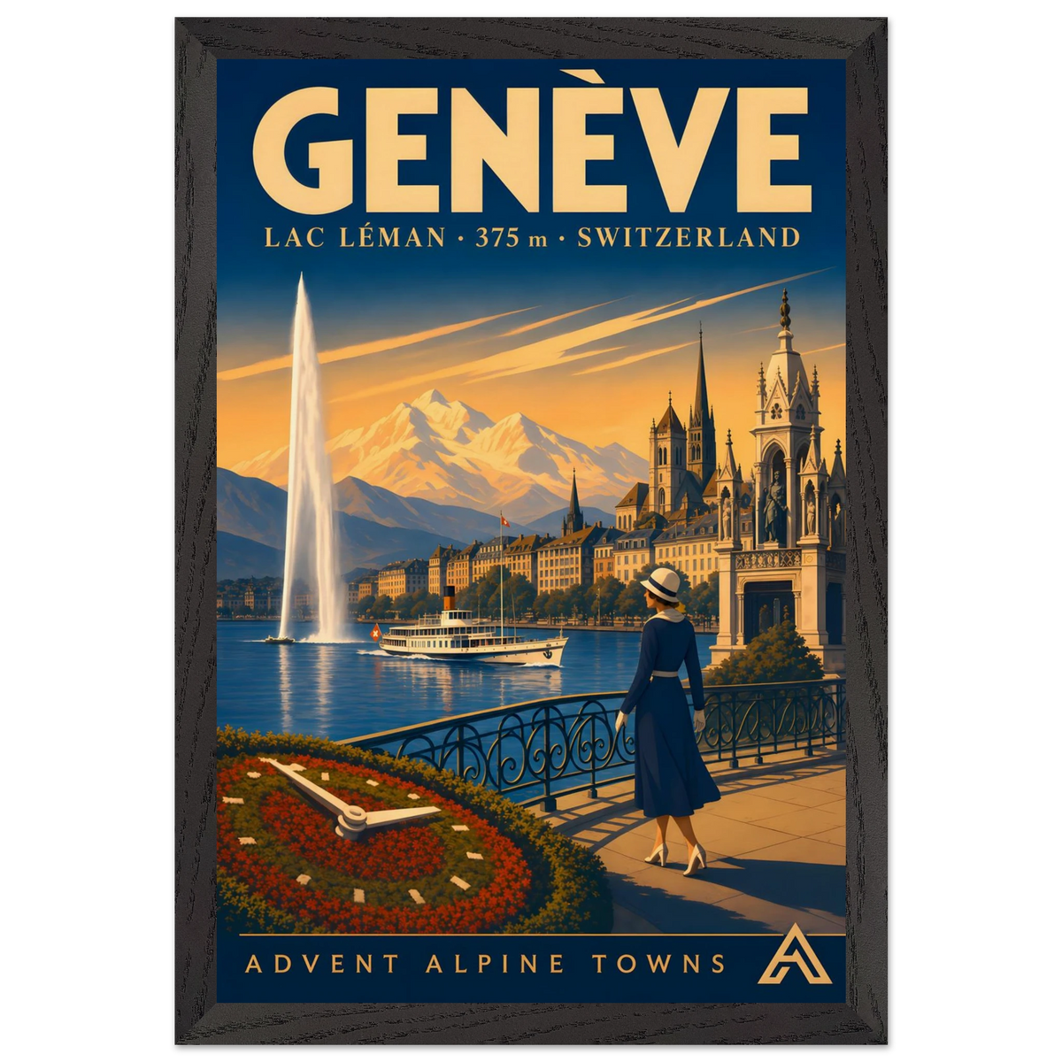 Genève art print in a Black Ash frame, showing the Jet d’Eau, a lake steamer and a woman on the promenade beside Lac Léman.